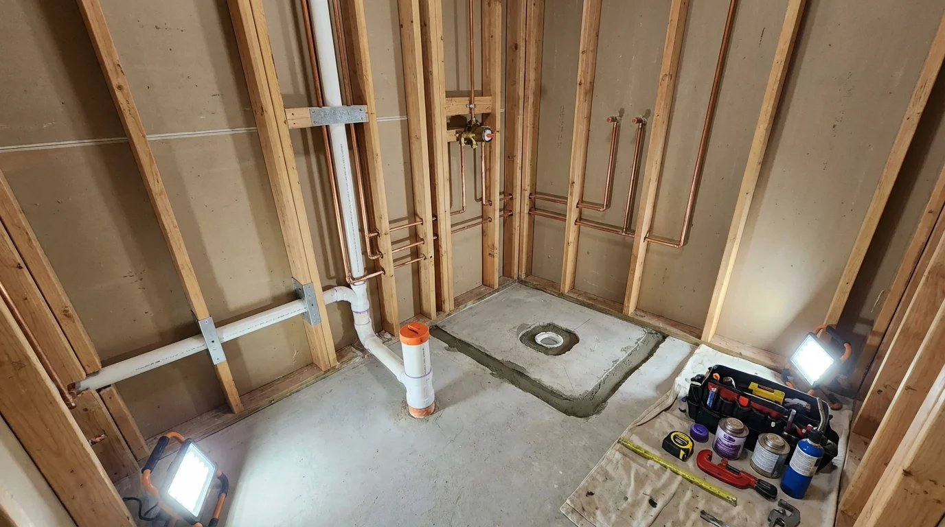 Bathroom rough-in plumbing during remodel by Johns Plumbing LLC in Santa Barbara