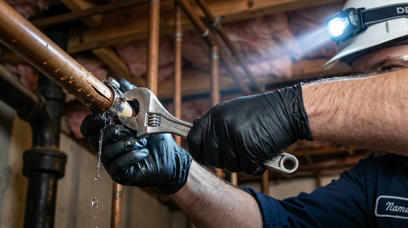 Emergency pipe clamp repair being performed by a Johns Plumbing LLC plumber in Santa Barbara