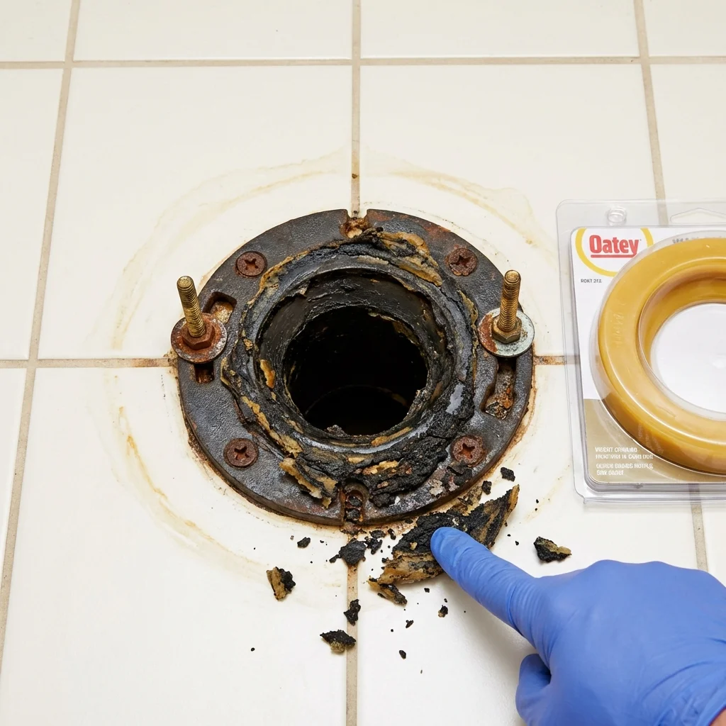 Failed wax ring showing water seepage at the base of a toilet in a Santa Barbara, CA home