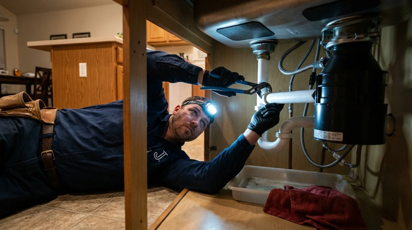 P-trap and supply line connections under a kitchen sink showing a common leak point in Santa Barbara, CA